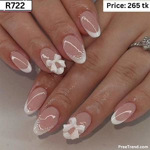 3D White Ribbon Bow & Pearl Bead Drape French Tip Peach Nude Almond Press On Nails (24 Pcs) - R722