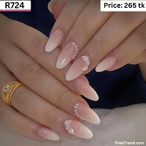3D Crystal Rhinestone & Pearl Floral Cluster Sheer Pink Almond Press On Nails (24 Pcs) - R724