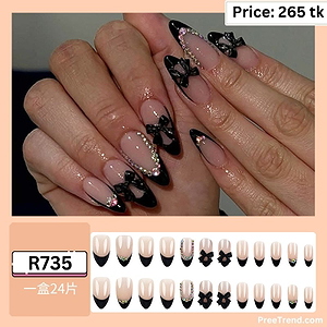3D Black Ribbon Bow Charm Sparkling Rhinestone Cuff French Tip Almond Press On Nails (24 Pcs) - R735