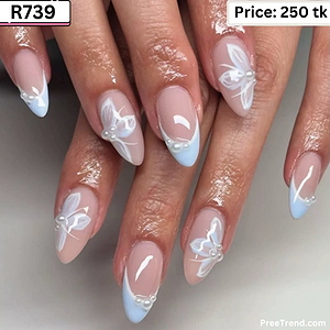 3D Pearl Beads White Outline Butterfly Sky Blue French Tip Almond Press On Nails (24 Pcs) - R739