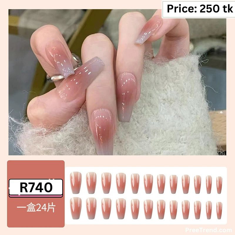 Glossy Mocha Brown To Ice Blue Velvet Cat Eye Ombre Medium Coffin Press On Nails (24 Pcs) - R740