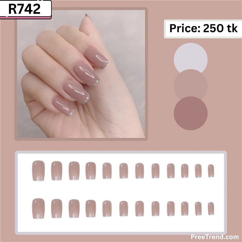 Printed Silver Micro Glitter Line Classic French Tip Natural Nude Short Square Press On Nails (24 Pcs) - R742