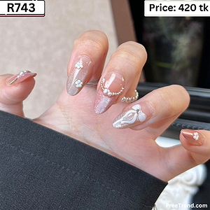 3D White Daisy Floral & Pearl Cuff Rose Gold Cat Eye French Short Almond Press On Nails (30 Pcs) - R743