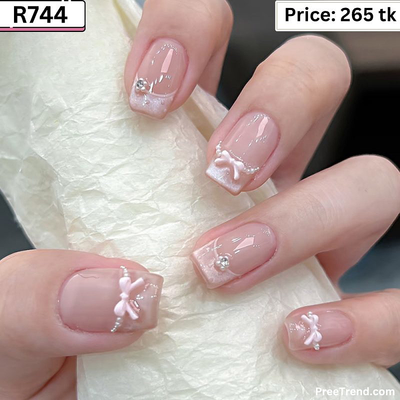 3D Pink Ribbon Bow & Pearl Rhinestone Sheer Pink Short Square Press On Nails (24 Pcs) - R744
