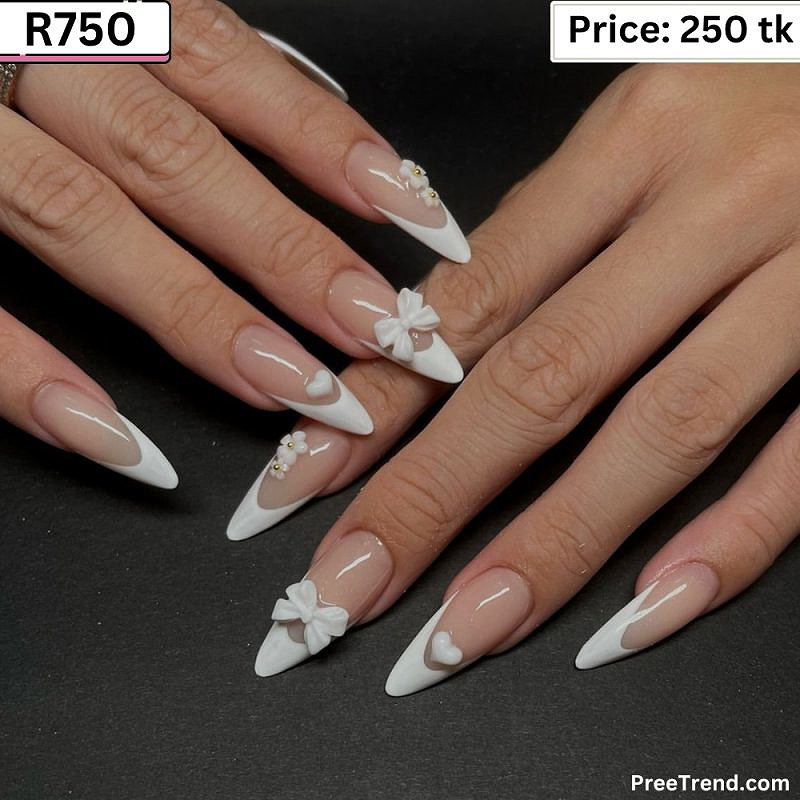 3D White Bow Heart Charm & Mini Flower Classic French Almond Press On Nails (24 Pcs) - R750