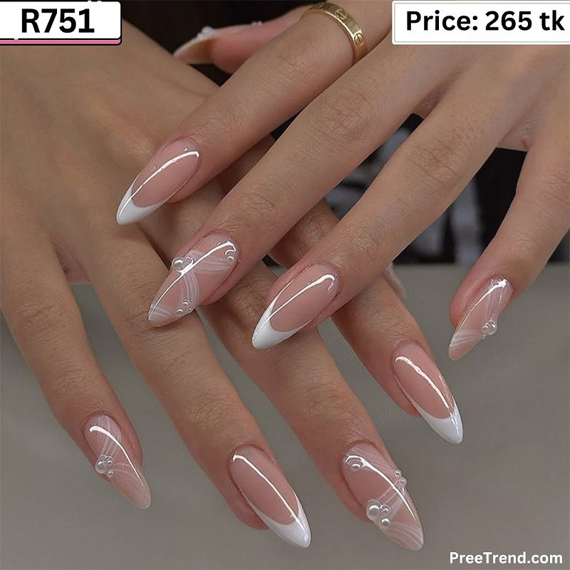 3D Pearl Beads White Wavy Swirl Line Sheer Pink Long Almond Press On Nails (24 Pcs) - R751