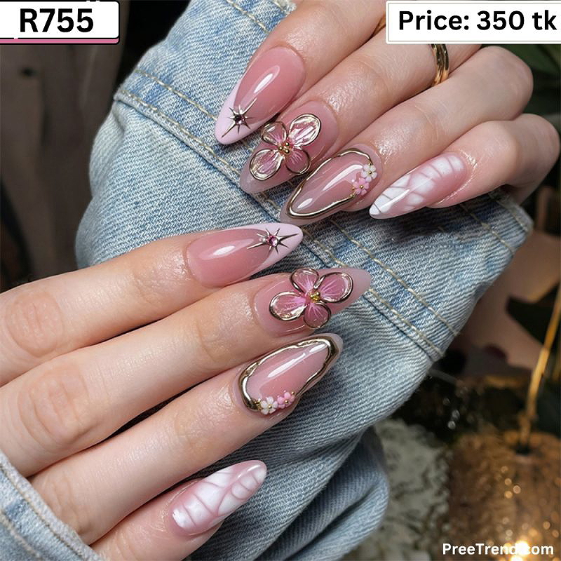 3D Crystal Gem Gold Wire & Pink Flower White French Square Press On Nails (24 Pcs) - R755