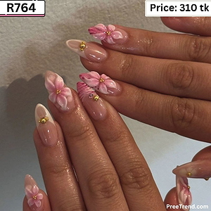 3D Pink Cherry Blossom Flower & White French Tip Nude Medium Coffin Press On Nails (24 Pcs) - R764