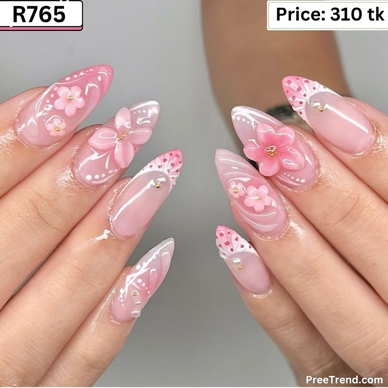 3D Pink Flower & Dotted Lace French Tip Peach Nude Almond Press On Nails (24 Pcs) - R765