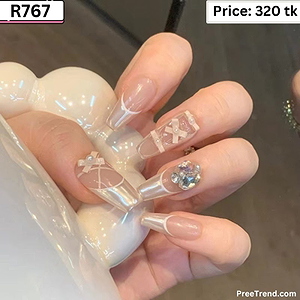 3D Ribbon Bow Charm & Pearl Blossom Gem Ballet French Coffin Press On Nails (24 Pcs) - R767