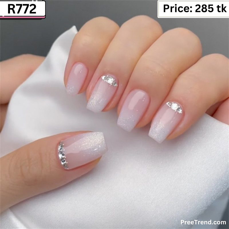 Printed Silver Glitter Gradient Milky Pink French Short Coffin Press On Nails (24 Pcs) - R772