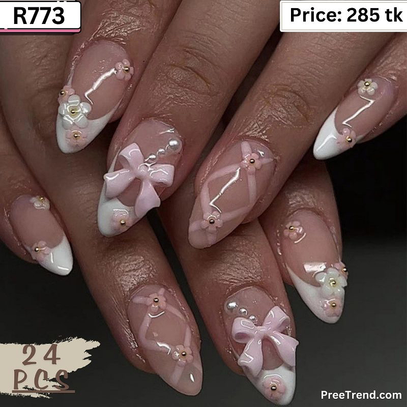 3D Ribbon Bow & Pink Floral Cluster White French Almond Press On Nails (24 Pcs) - R773