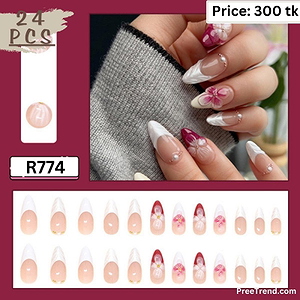 3D Pearl Cluster & White Floral White French Tip Nude Almond Press On Nails (24 Pcs) - R774