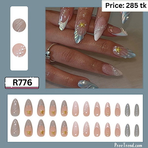3D Gold Star & Pearl Charms Blue Gray French Tip Almond Press On Nails (24 Pcs) - R776