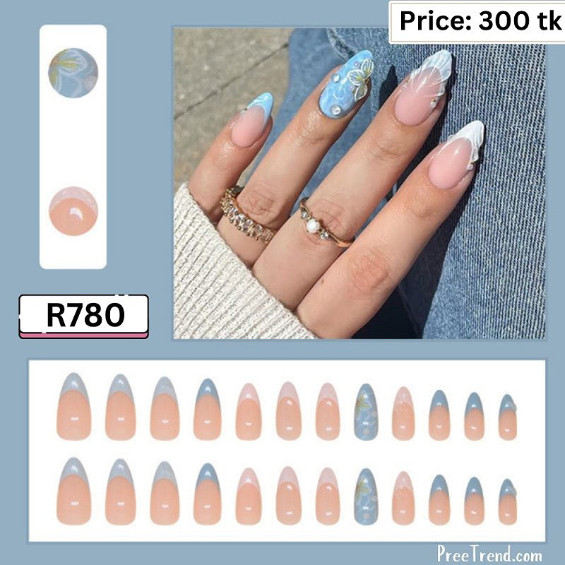 3D Floral Accent White & Pastel Blue French Tip Sheer Nude Almond Press On Nails (24 Pcs) - R780