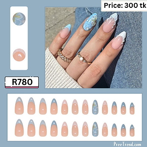 3D Floral Accent White & Pastel Blue French Tip Sheer Nude Almond Press On Nails (24 Pcs) - R780