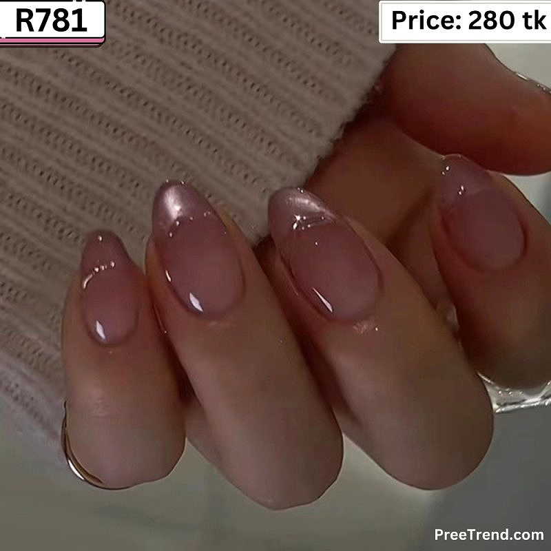 Glossy Soft Mauve Pink Silver Velvet Cat Eye French Almond Press On Nails (24 Pcs) - R781