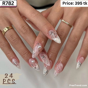 3D Silver Chrome Wave Heart Charm & Pink Cat Eye Almond Press On Nails (24 Pcs) - R782