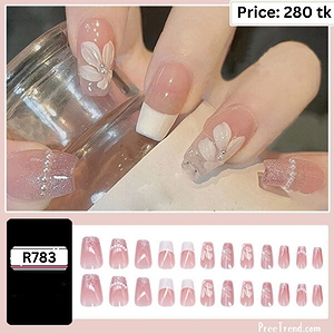 3D White Flower Pearl Cluster Pink Ombre & Glitter French Square Press On Nails (24 Pcs) - R783