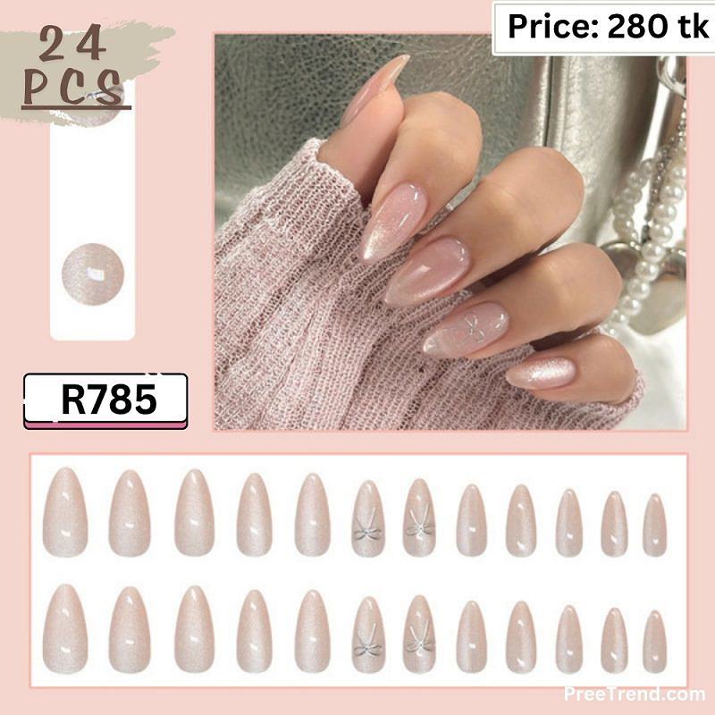 3D Silver Bow Ribbon Charm Champagne Velvet Cat Eye Almond Press On Nails (24 Pcs) - R785