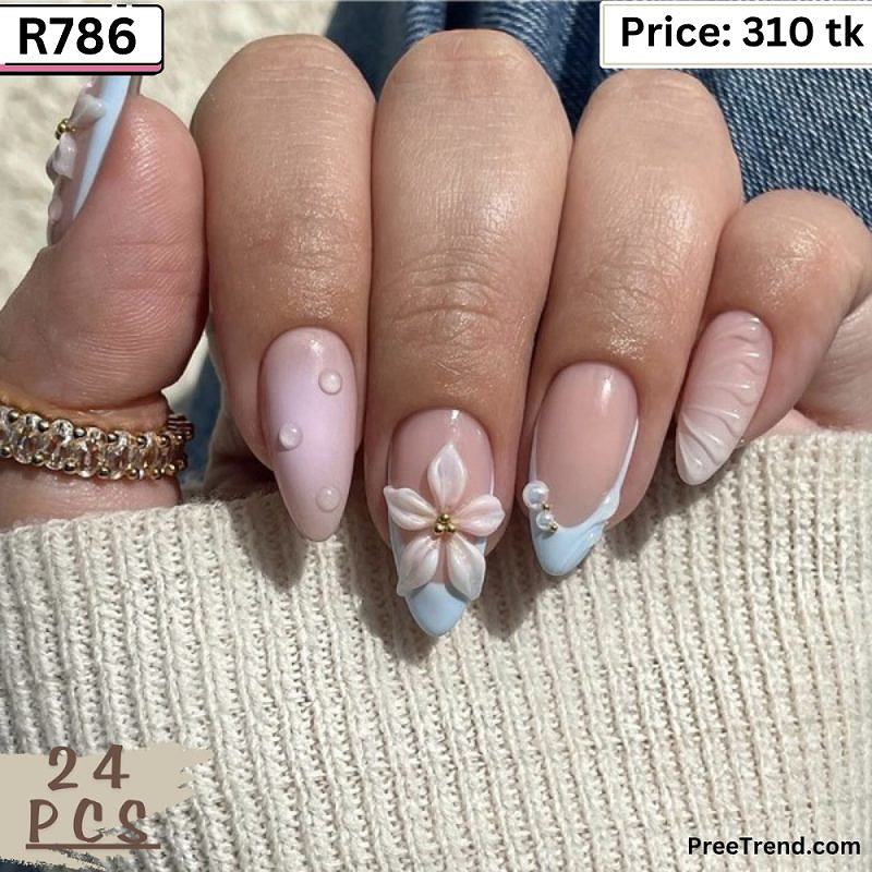 3D White Blossom Floral & Sky Blue French Tip Almond Press On Nails (24 Pcs) - R786