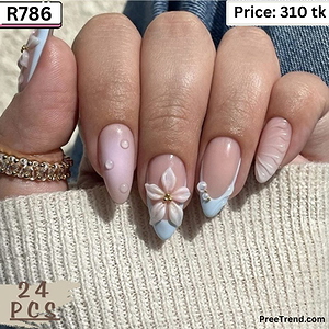 3D White Blossom Floral & Sky Blue French Tip Almond Press On Nails (24 Pcs) - R786