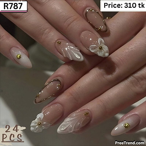 3D Gold Floral Ring & Pearl Textured French Coffin Press On Nails (24 Pcs) - R787