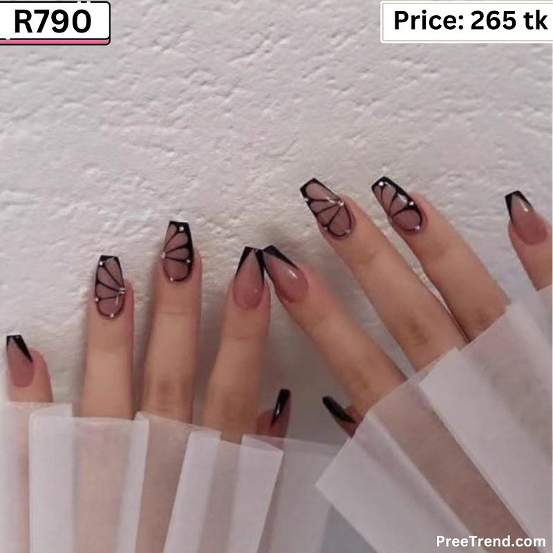 3D Rhinestone Accent Black Geometric V-Cut French Medium Square Press On Nails (24 Pcs) - R790