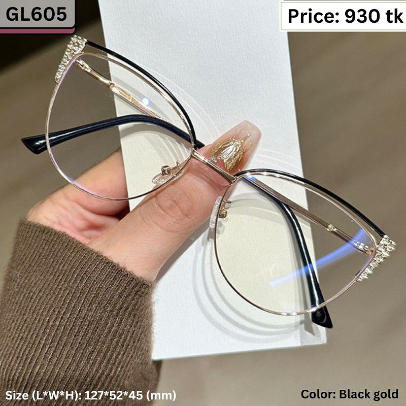 Black and Gold Rhinestone Cat Eye Metal Frame Eyeglasses for Women – GL605