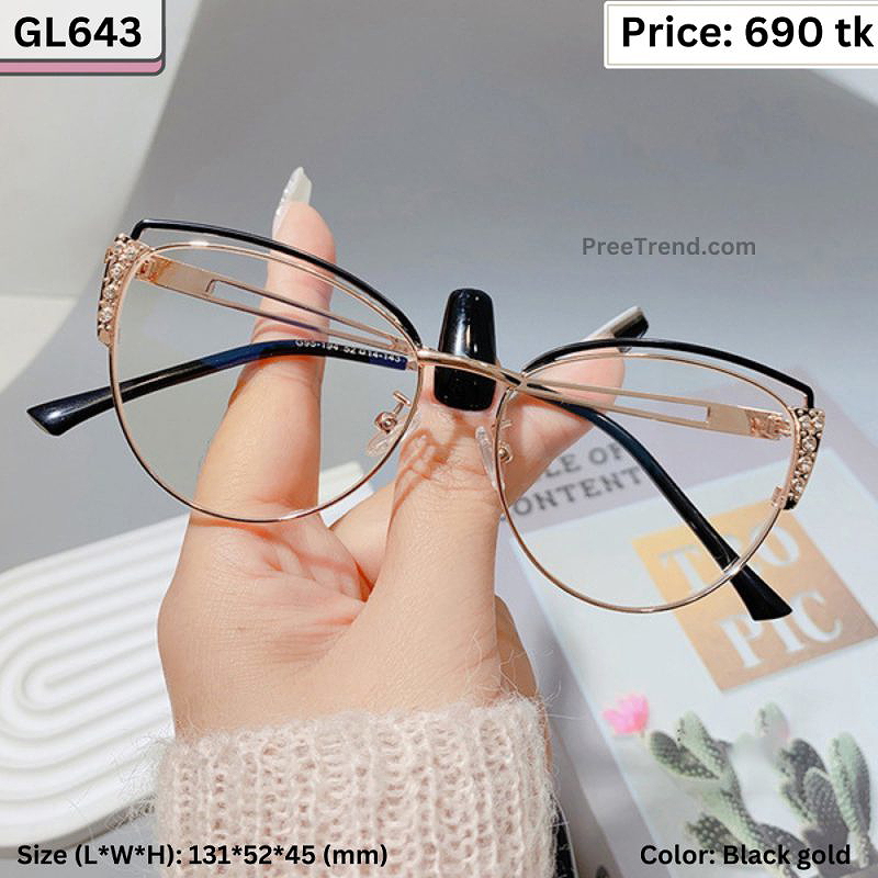Black and Gold Rhinestone Cat Eye Metal Frame Eyeglasses for Women – GL643
