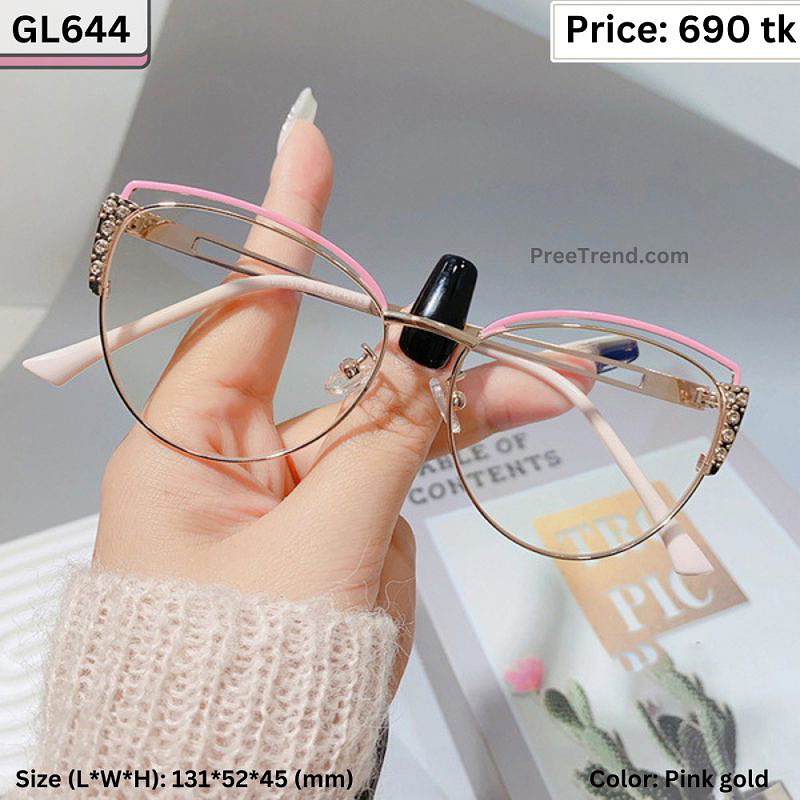 Pink and Gold Rhinestone Cat Eye Metal Frame Eyeglasses for Women – GL644