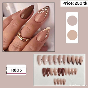 Printed Gold Swirl Lines & Chocolate Brown Almond Press On Nails (24 Pcs) - R805
