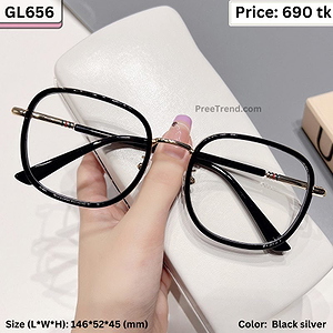 Glossy Black and Silver Geometric Square Plastic and Metal Frame Eyeglasses for Women & Men – GL656