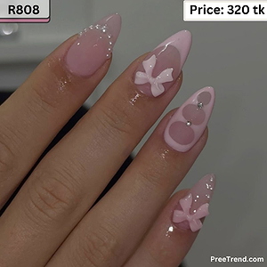 3D Pink Ribbon Bow & Pearl Arch French Tip Sheer Pink Almond Press On Nails (24 Pcs) - R808