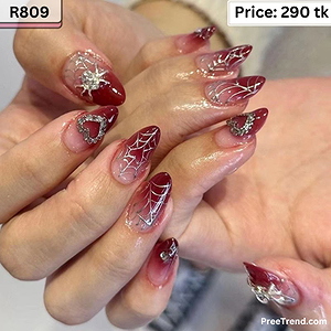 3D Crystal Spider & Rhinestone Heart Silver Spiderweb Crimson Ombre Almond Press On Nails (24 Pcs) - R809