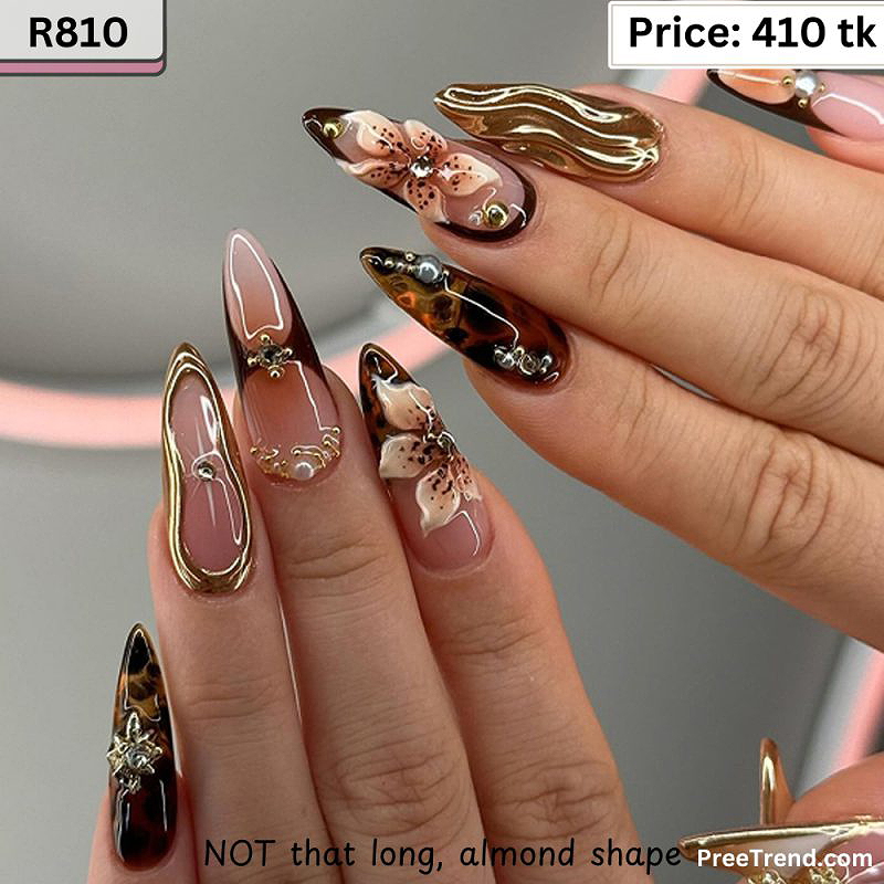 3D Cherry Blossom Floral & Gold Textured Foil Amber Tortoiseshell Almond Press On Nails (24 Pcs) - R810