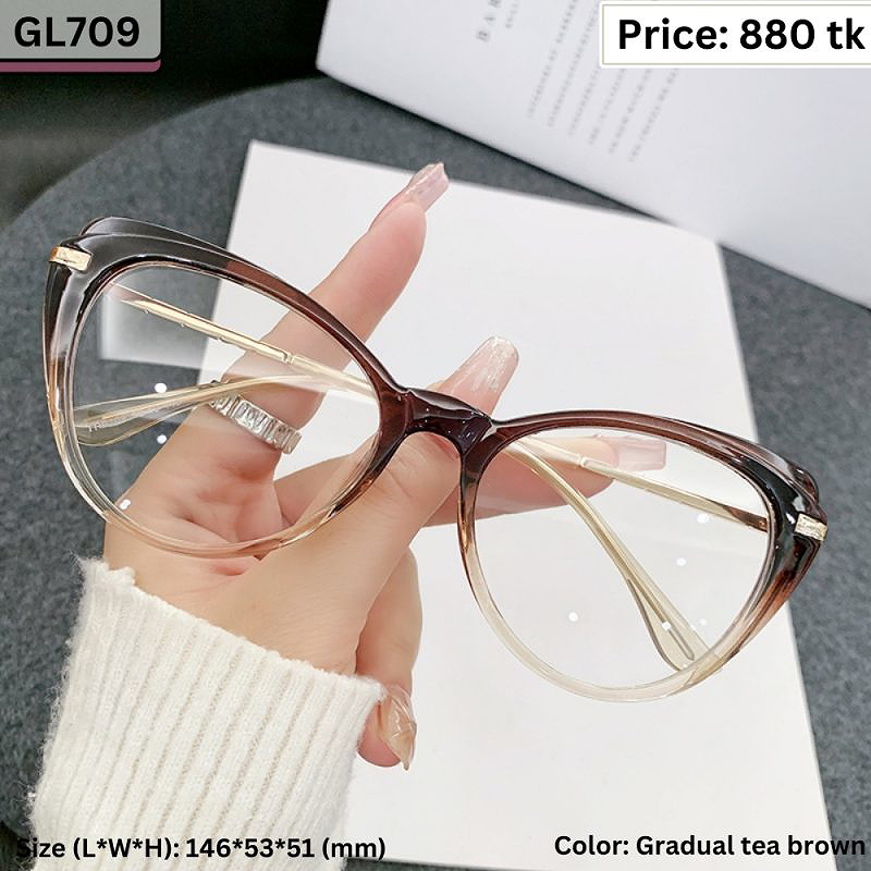 Gradual Tea Brown Oversized Round Cat Eye Plastic and Metal Frame Eyeglasses for Women β GL709