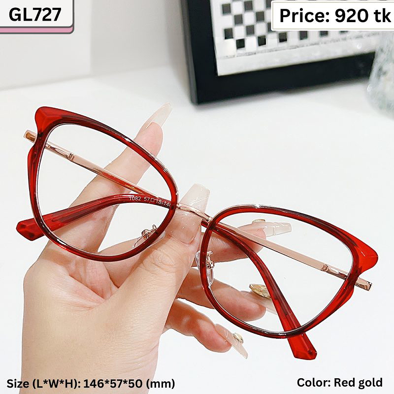 Red and Rose Gold Geometric Cat Eye Plastic and Metal Frame Eyeglasses for Women – GL727