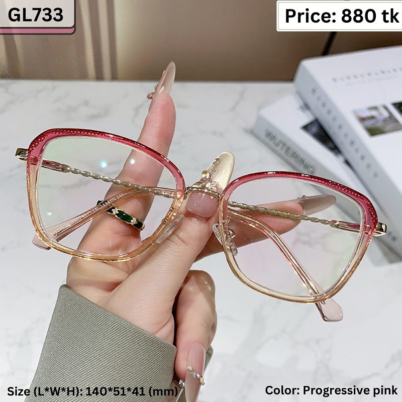 Progressive Pink and Champagne Square Metal and Plastic Frame Eyeglasses for Women – GL733