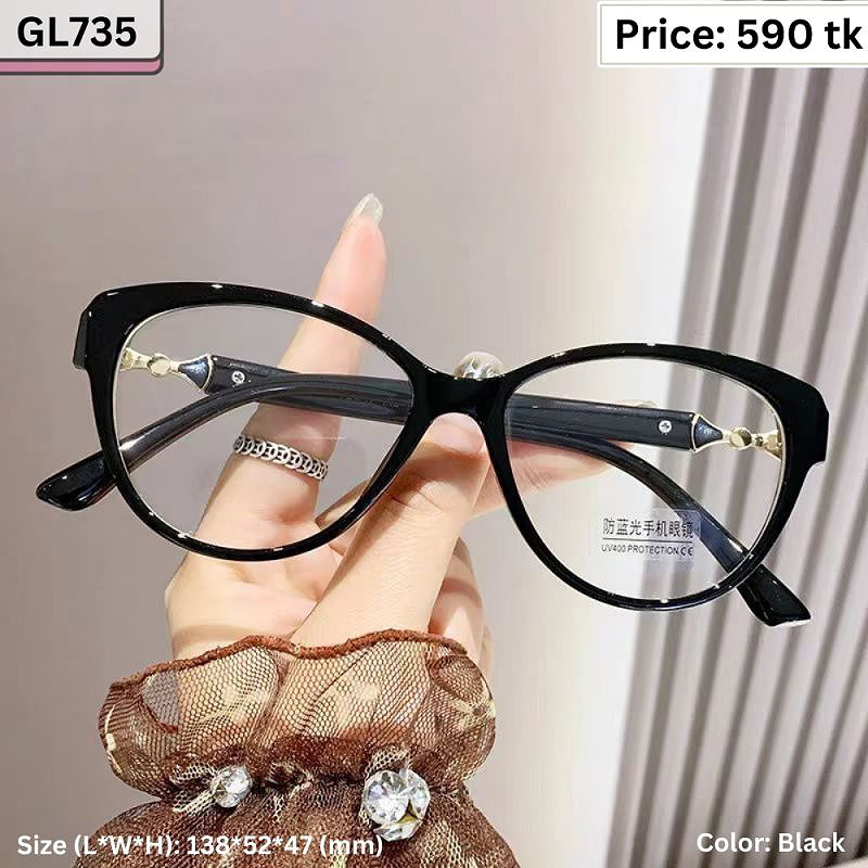 Glossy Black Oval Cat Eye Plastic Frame Eyeglasses for Women & Men – GL735