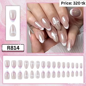 3D Pearl Bow Ribbon Charm Pearl Glaze Chrome French Almond Press On Nails (24 Pcs) - R814