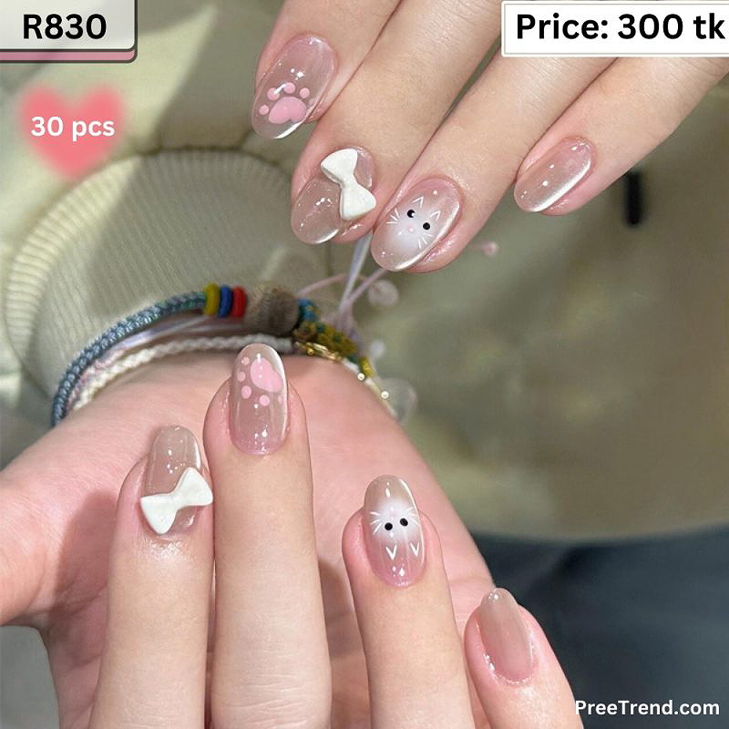 3D Cute White Bow Ribbon & Cartoon Cat Paw Nude Velvet Cat Eye Short Square Press On Nails (30 Pcs) - R830