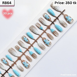 3D Blue Hibiscus Floral & Waterdrop French Beige Coffin Press On Nails (30 Pcs) - R864
