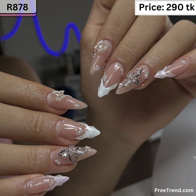 3D Silver Wire Butterfly Charm & Pearl Rhinestone Pink French Almond Press On Nails (24 Pcs) - R878