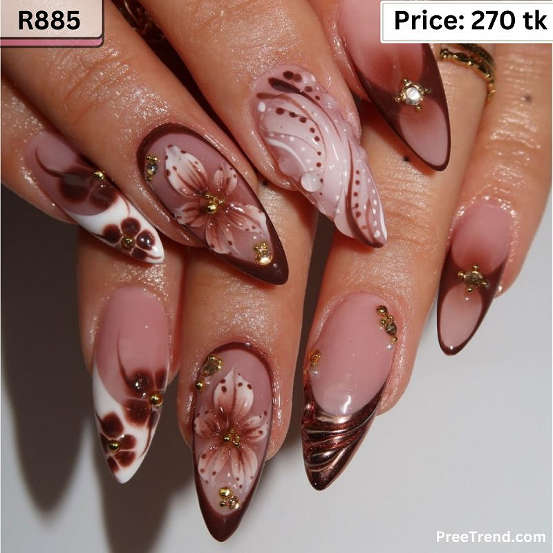 3D Pearl Gold Stud Accent Fine Dot Swirl & Dark Amber Brown French Almond Press On Nails (24 Pcs) - R885