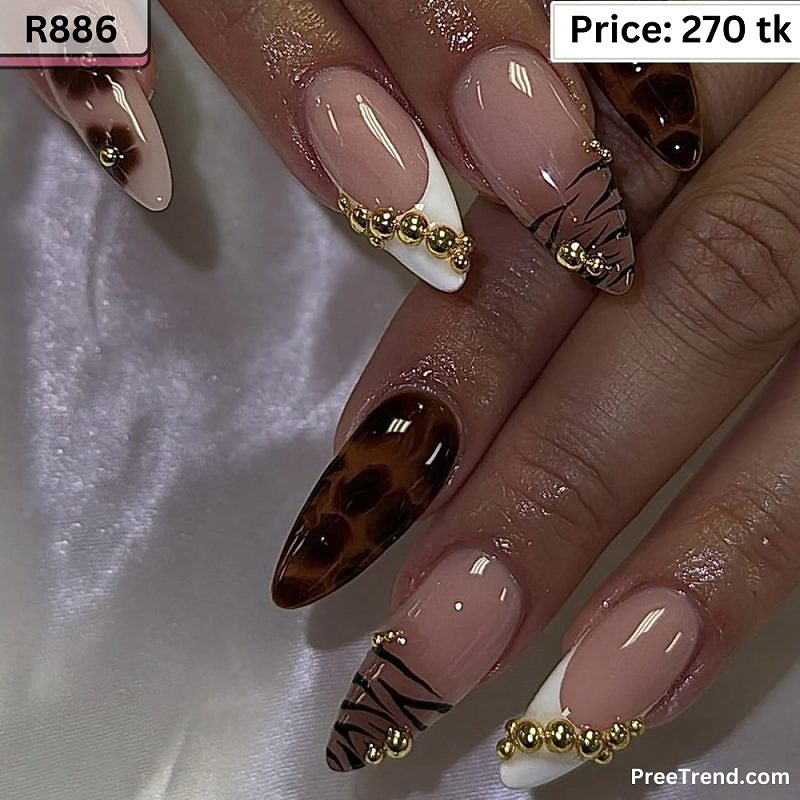 3D Gold Bead Accent White Graphic Line & Tortoiseshell Tiger Stripe Almond Press On Nails (24 Pcs) - R886