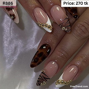 3D Gold Bead Accent White Graphic Line & Tortoiseshell Tiger Stripe Almond Press On Nails (24 Pcs) - R886