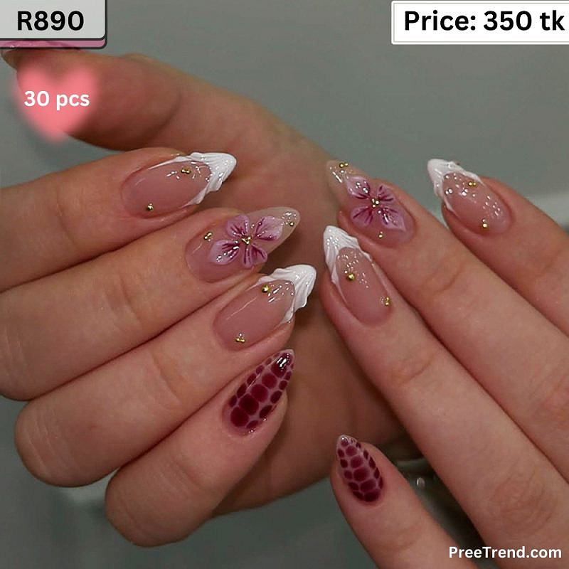 3D Pink Flower Gold Bead Accent & Crimson Red Snake Skin French Oval Press On Nails (30 Pcs) - R890