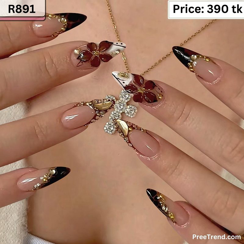 3D Gold Rhinestone Chain Burgundy Floral & Black-Brown Tortoiseshell French Nude Almond Press On Nails (24 Pcs) - R891