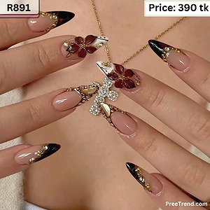 3D Gold Rhinestone Chain Burgundy Floral & Black-Brown Tortoiseshell French Nude Almond Press On Nails (24 Pcs) - R891